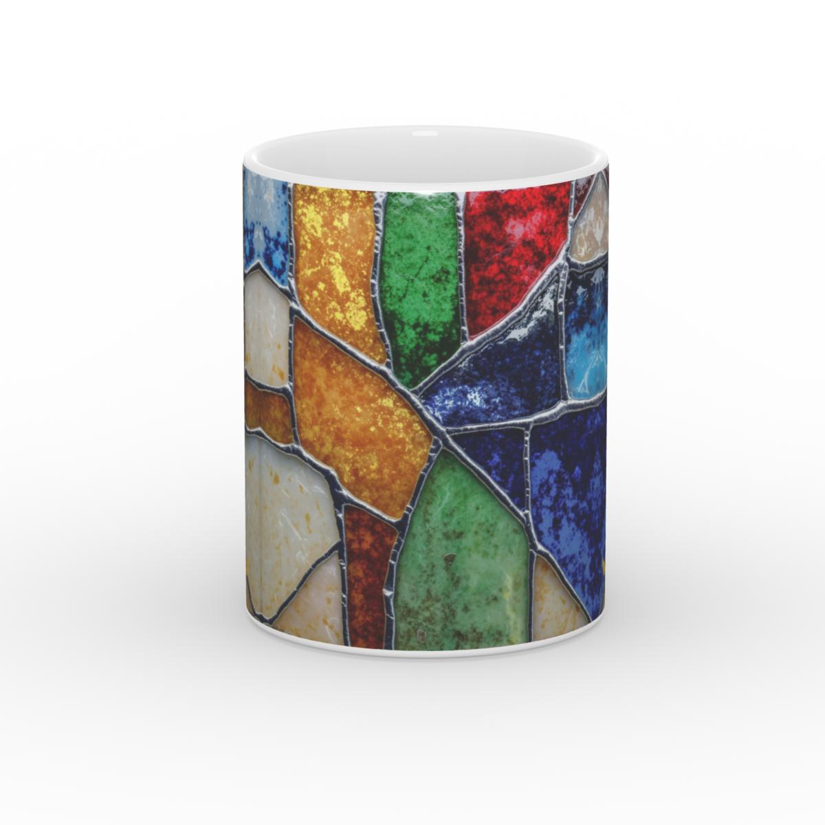 White Glossy Mug Scared Mosaic